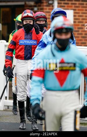 A general view as jockeys leave the weighing room at Plumpton Racecourse.