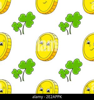 Color seamless pattern. Gold coin. St. Patrick's Day. Cartoon style. Hand drawn. Vector illustration isolated on white background. Stock Vector