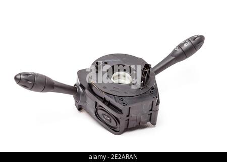 Steering wheel switches for windshield wipers and turn signals with steering angle sensor disassembled on a white isolated background, spare part for Stock Photo