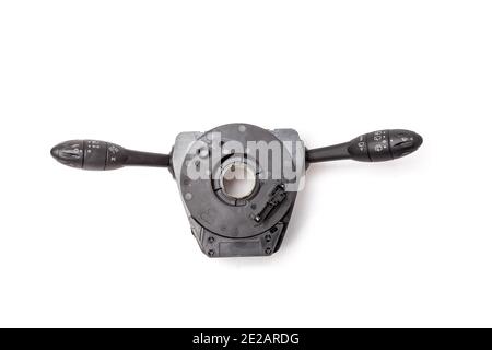 Steering wheel switches for windshield wipers and turn signals with steering angle sensor disassembled on a white isolated background, spare part for Stock Photo