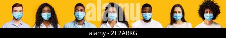Collage of diverse young people in protective medical masks over yellow background Stock Photo