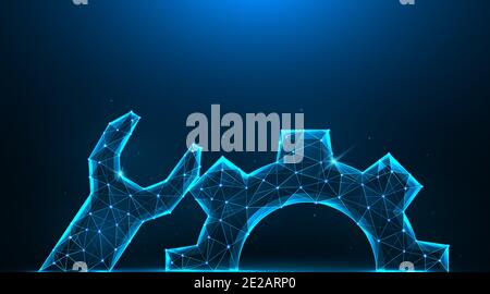 Wrench and gear low poly design. Repair or support polygonal vector illustrations on a blue background. Stock Vector