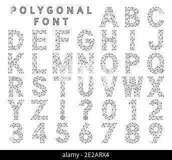 Polygonal font made from lines and dots. Low poly alphabet letters and numbers Stock Vector