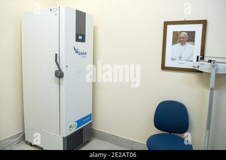 A view of the atrium of the Paul VI audience hall where the anti-Covid-19 vaccination campaign in Vatican City State started on January 13, 2021. In order to store the doses, an 'ultra-low temperature refrigerator ' has been purchased.The vaccinations are administered by qualified medical and nursing staff of the Directorate of Health and Hygiene, in keeping with the health recommendations for the pandemic.The vaccines arrived in a quantity sufficient to cover the needs of the Holy See and Vatican City State said Directorate of Health and Hygiene of the Vatican's Governorate. Photo by ABACAPRE Stock Photo