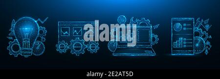 SEO optimization low poly design. Search engine optimization. Smartphone, laptop, browser window, light bulb, gears, speedometer, statistics data poly Stock Vector
