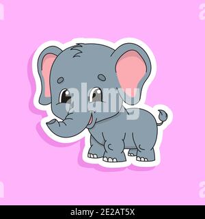Gray elephant. Bright color sticker of a cute cartoon character. Flat vector illustration isolated on color background. Design element. Stock Vector