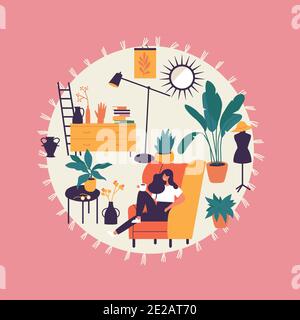 Vector illustration girl sitting and resting on the armchair with coffee cup. Cozy interior with homeplants. Stock Vector