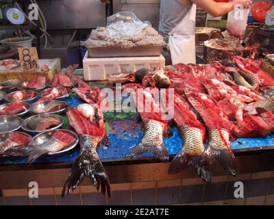 Grass carp (Ctenopharyngodon idellus) butchered for sale in a chines market (Hong Kong) Stock Photo
