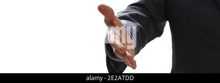 Focused photo on businessman that stretching hand for greetings Stock Photo