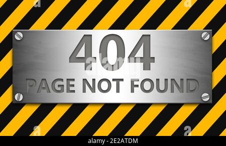 Text '404 page not found' banner with yellow caution strip in the background Stock Photo