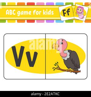 ABC flash cards. Bird vulture. Alphabet for kids. Learning letters. Education worksheet. Activity page for study English. Color game for children. Iso Stock Vector