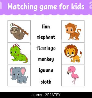 Matching game for kids. Find the correct answer. Draw a line. Learning words. Activity worksheet. Cartoon character. Cute animal. Stock Vector