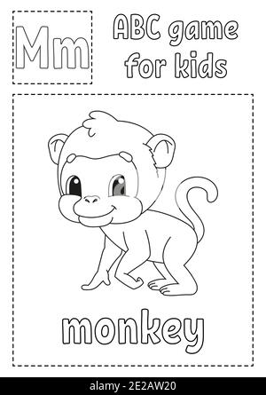 Letter M is for monkey. ABC game for kids. Alphabet coloring page. Cartoon character. Word and letter. Vector illustration. Stock Vector