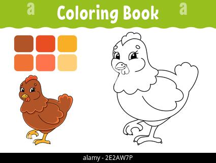 Coloring book for kids. Lovely hen. Cheerful character. Vector illustration. Cute cartoon style. Fantasy page for children. Black contour silhouette. Stock Vector