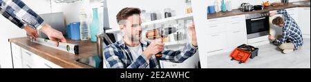 collage of young man holding measuring level tool on table, drilling wall and using measure tape near oven in kitchen, banner Stock Photo