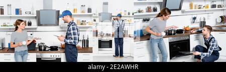 collage of young woman talking and handyman holding grid near oven and repairing shelves in kitchen, banner Stock Photo