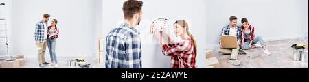 collage of happy young couple looking at each other, selecting color of wall and sitting near laptop on floor, banner Stock Photo