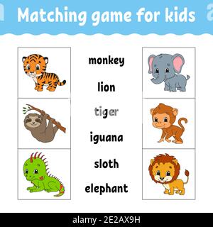 Matching game for kids. Find the correct answer. Draw a line. Learning words. Activity worksheet. Cartoon character. Cute animal. Stock Vector