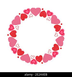 Round frame of red hearts for Valentine's Day, isolated on white background. Vector flat illustration. Stock Vector