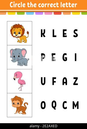 Circle the correct letter. flamingo, monkey, lion, elephant. Education developing worksheet. Learning game for kids. Color activity page. Cartoon char Stock Vector