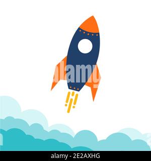 blue Rocket flies up above the blue clouds. Design rocket space ship in flat style. Start up Business. Vector Illustration isolated on white. Stock Vector