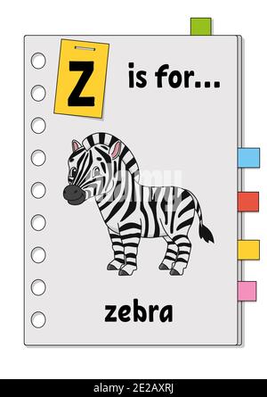 Z is for zebra. ABC game for kids. Word and letter. Learning words for study English. Cartoon character. Color vector illustration. Cute animal. Stock Vector