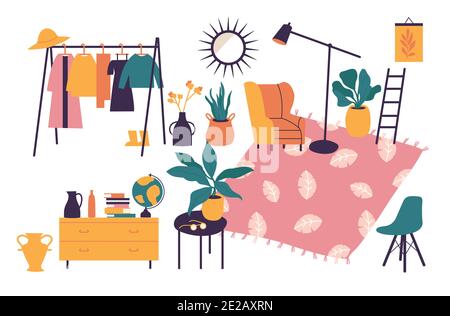 Vector illustration interior with stylish comfy furniture and home decorations. Icons of living rooms or apartments with furnished home plants. Stock Vector