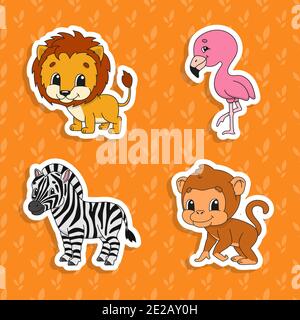 Set of bright color stickers. Orange lion. Brown monkey. Happy zebra. Pink flamingo. Cute cartoon characters. Vector illustration isolated on color ba Stock Vector