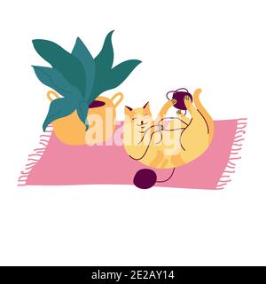 Vector illustration spotted cat playing with ball of yarn on the carpet near a flower pot. Stock Vector