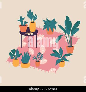 Vector illustration plants in pots collection. Trendy home decor with plants, cactus, tropical leaves. Bundle of trendy potted plants. Stock Vector