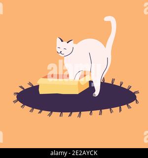 Vector illustration white cat hiding in box or basket.on the carpet. Stock Vector