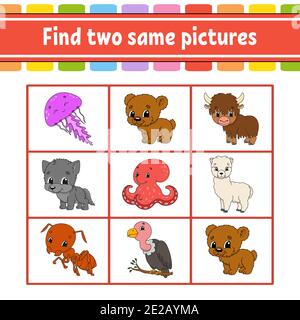 find two same cartoon wild animals educational task Stock Vector Image ...
