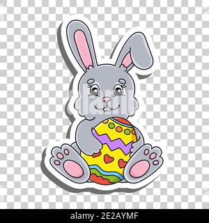 Cute cartoon character. Sticker with contour. Easter rabbit. Colorful vector illustration. Isolated on transparent background. Design element Stock Vector