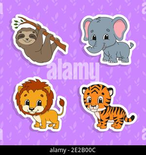 Set of bright color stickers. Orange lion. Orange tiger. Gray elephant. Brown sloth. Cute cartoon characters. Wild animals. Vector illustration isolat Stock Vector