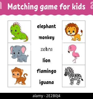 Matching game for kids. Find the correct answer. Draw a line. Learning words. Activity worksheet. Cartoon character. Cute animal. Stock Vector