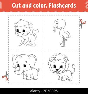 Cut and color. Flashcard Set. flamingo, lion, monkey, elephant. Coloring book for kids. Cartoon character. Cute animal. Stock Vector