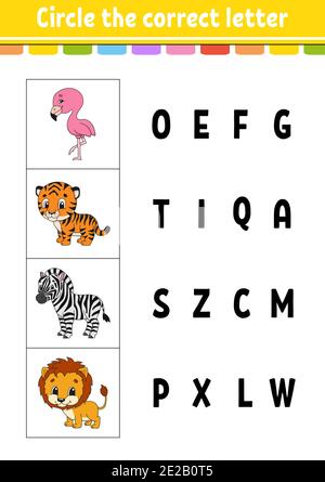 Circle the correct letter. Zebra, flamingo, tiger, lion. Education developing worksheet. Learning game for kids. Color activity page. Cartoon characte Stock Vector