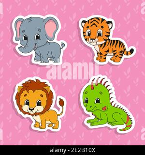Set of bright color stickers. Orange lion. Green iguana. Orange tiger. Gray elephant. Cute cartoon characters. Vector illustration isolated on color b Stock Vector
