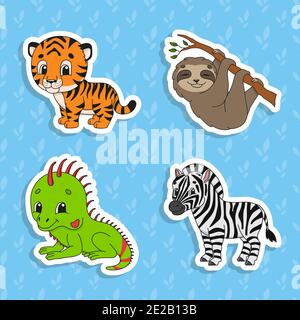 Set of bright color stickers. Brown sloth. Green iguana. Orange tiger. Happy zebra. Cute cartoon characters. Vector illustration isolated on color bac Stock Vector