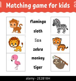 Matching game for kids. Find the correct answer. Draw a line. Learning words. Activity worksheet. Cartoon character. Cute animal. Stock Vector