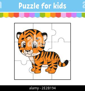 Puzzle game for kids. Orange tiger. Education worksheet. Color activity page. Riddle for preschool. Isolated vector illustration. Cartoon style. Stock Vector