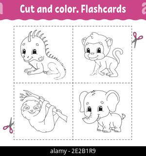 Cut and color. Flashcard Set. monkey, sloth, iguana, elephant. Coloring book for kids. Cartoon character. Cute animal. Stock Vector