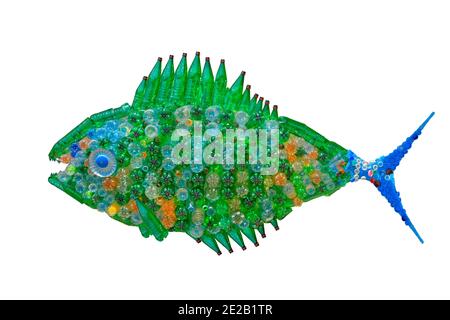 Fish feature created from plastic waste to illustrate pollution in the marine environment. Stock Photo