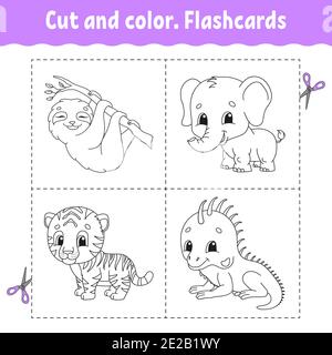 Cut and color. Flashcard Set. tiger, sloth, iguana, elephant. Coloring book for kids. Cartoon character. Cute animal. Stock Vector