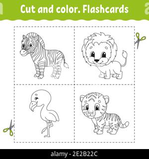 Cut and color. Flashcard Set. flamingo, tiger, lion, zebra. Coloring book for kids. Cartoon character. Cute animal. Stock Vector