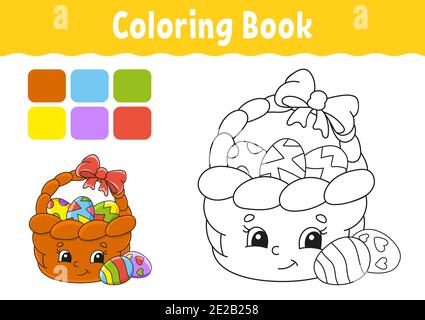 Coloring book for kids. Easter basket. Cheerful character. Vector illustration. Cute cartoon style. Fantasy page for children. Black contour silhouett Stock Vector