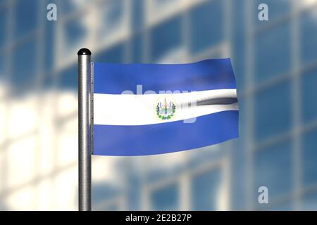 3d render of an flag of El Salvador, in front of an blurry background, with a steel flagpole Stock Photo