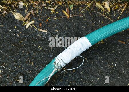 crack green watering rubber tube repairing by white tape roll with