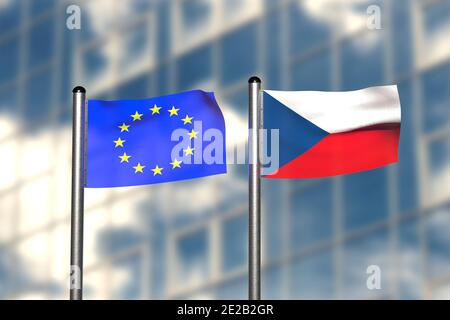 3d render of an flag of Europe and Czech Republic, in front of an blurry background, with a steel flagpole. Stock Photo