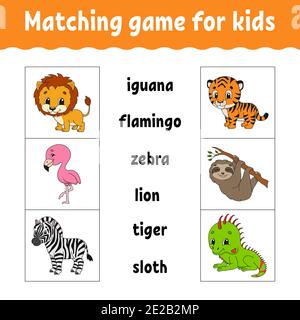 Matching game for kids. Find the correct answer. Draw a line. Learning words. Activity worksheet. Cartoon character. Cute animal. Stock Vector